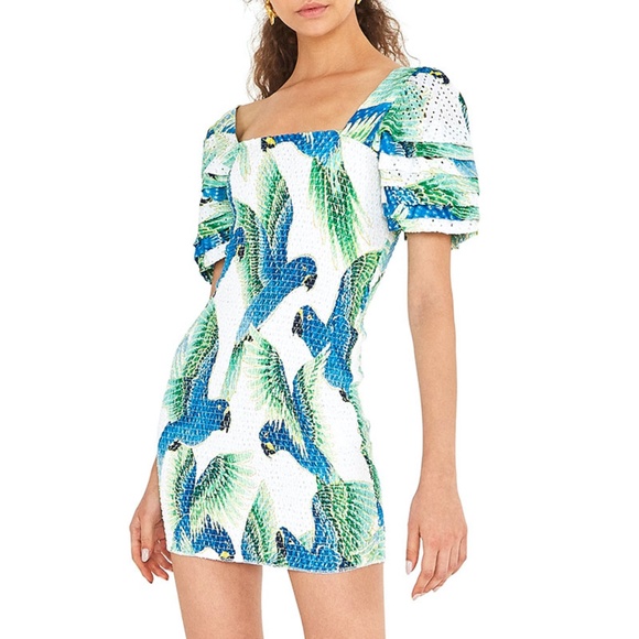 Farm Rio Araras Parrot Bird Print Eyelet Smocked Short Puff Sleeve Mini Dress - Picture 2 of 8